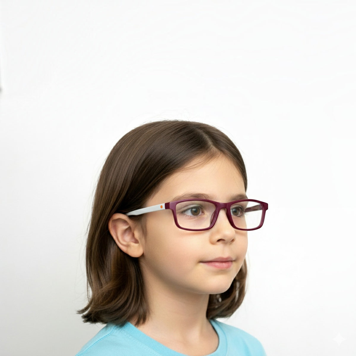 Young girl wearing T20 Opticals EYERUS KIDS 3340 two-tone rectangle plastic glasses with a maroon and white frame.