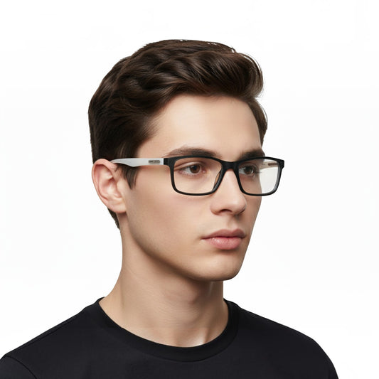 A man wearing T20 Opticals EYRUS 17007 black and white two-tone rectangular plastic prescription glasses.