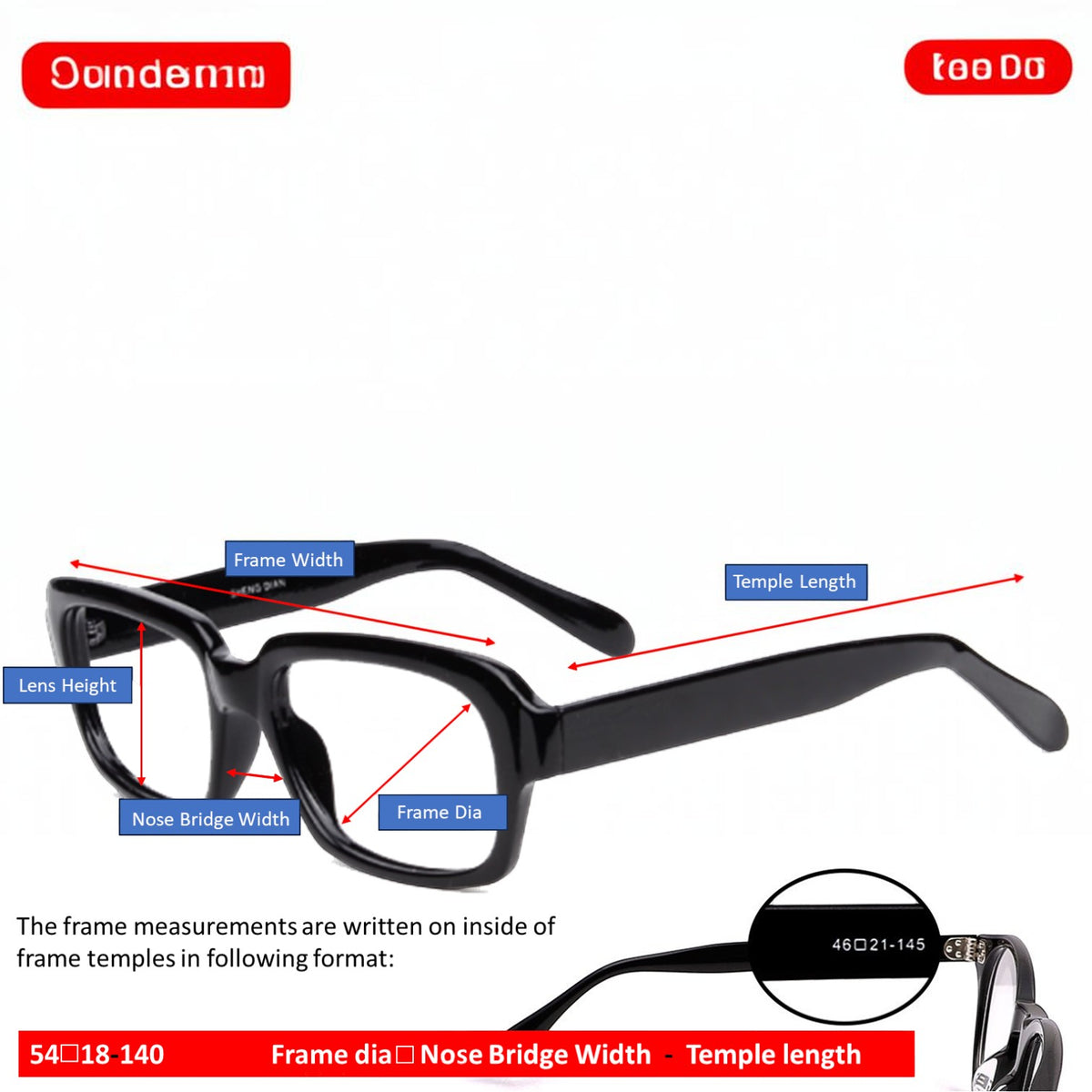 T20 Opticals EYRUS 17007 men's black rectangular plastic prescription glasses showing frame measurement guide