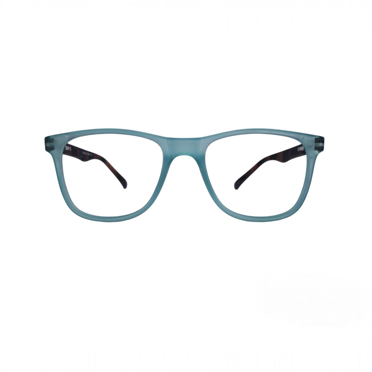 T20 Opticals EYRUS 17009 women's wayfarer glasses with a transparent aqua plastic frame and demi amber temples.