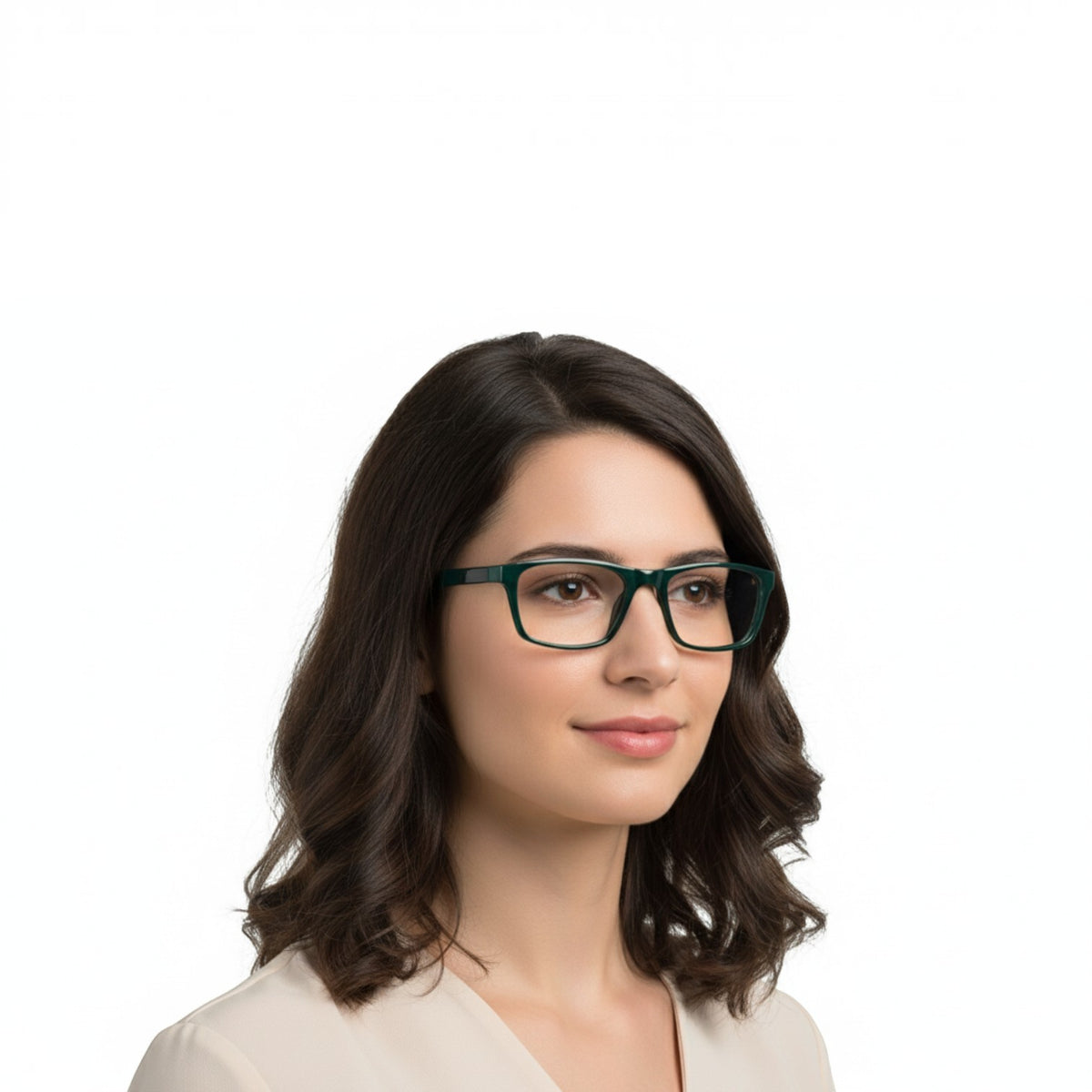 T20 Opticals EYRUS 3326 women's rectangle full-rim glasses in textured forest green plastic on a model