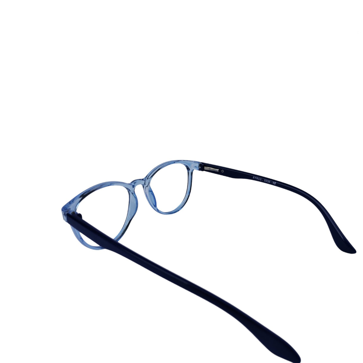T20 Opticals EYRUS 3330 round panto glasses with a transparent blue acetate frame and dark blue temples.