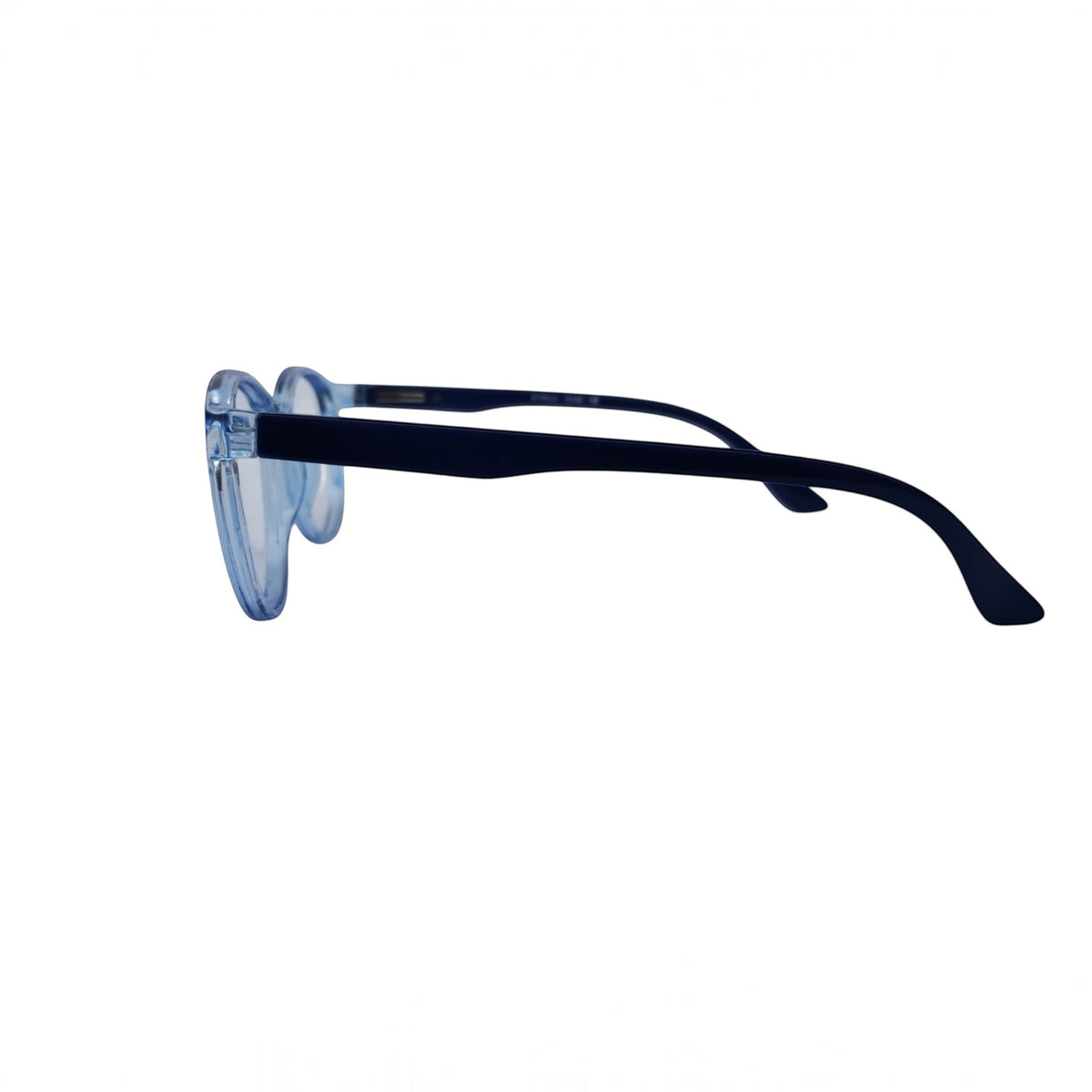 T20 Opticals EYRUS 3330 round panto glasses with transparent blue acetate frames and dark blue temples, side view.