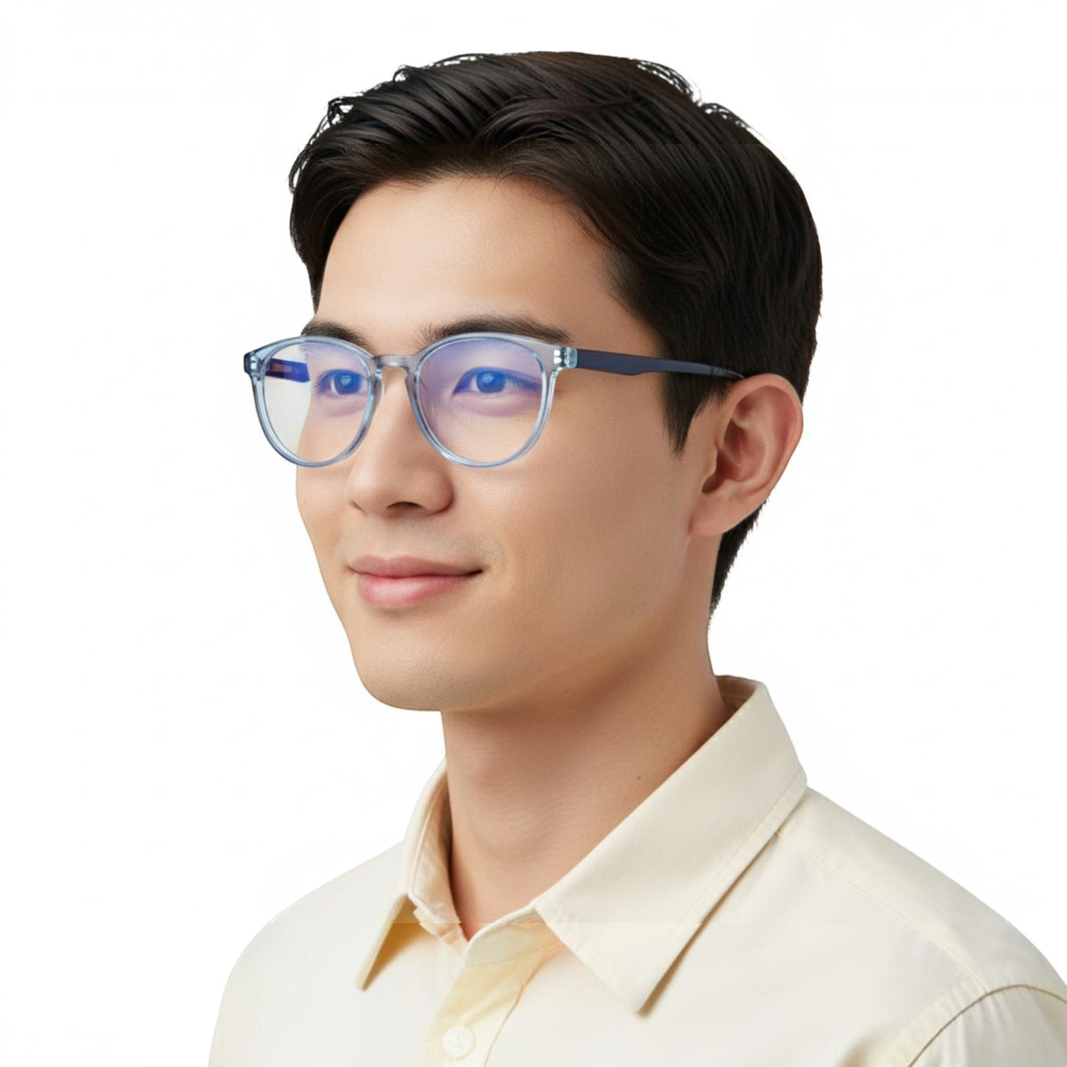 Man wearing T20 Opticals EYRUS 3330 round panto transparent blue acetate glasses with a classic full-rim design.