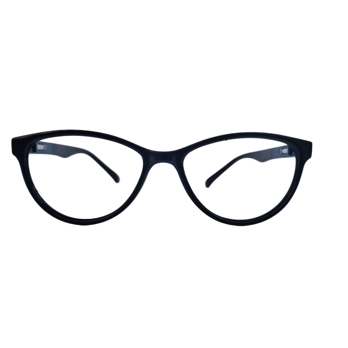 T20 Opticals EYRUS 3332 women's glossy black cat-eye prescription glasses with dark blue and black plastic temples.