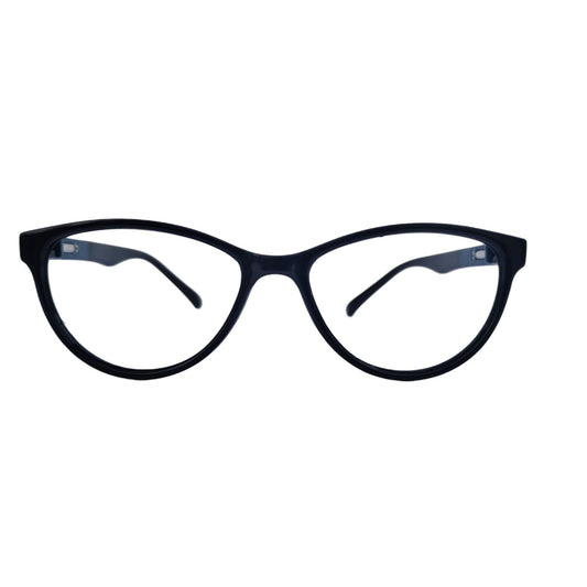 T20 Opticals EYRUS 3332 women's glossy black cat-eye prescription glasses with dark blue and black plastic temples.