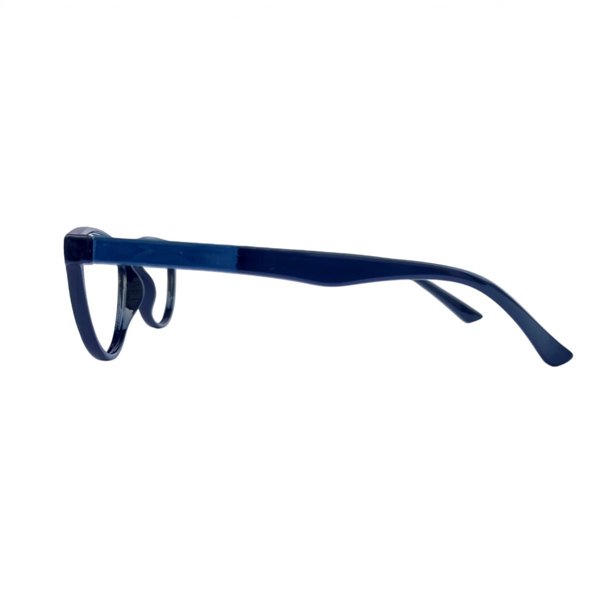 T20 Opticals EYRUS 3332 cat-eye glasses with glossy black front and dark blue plastic temples, side view.