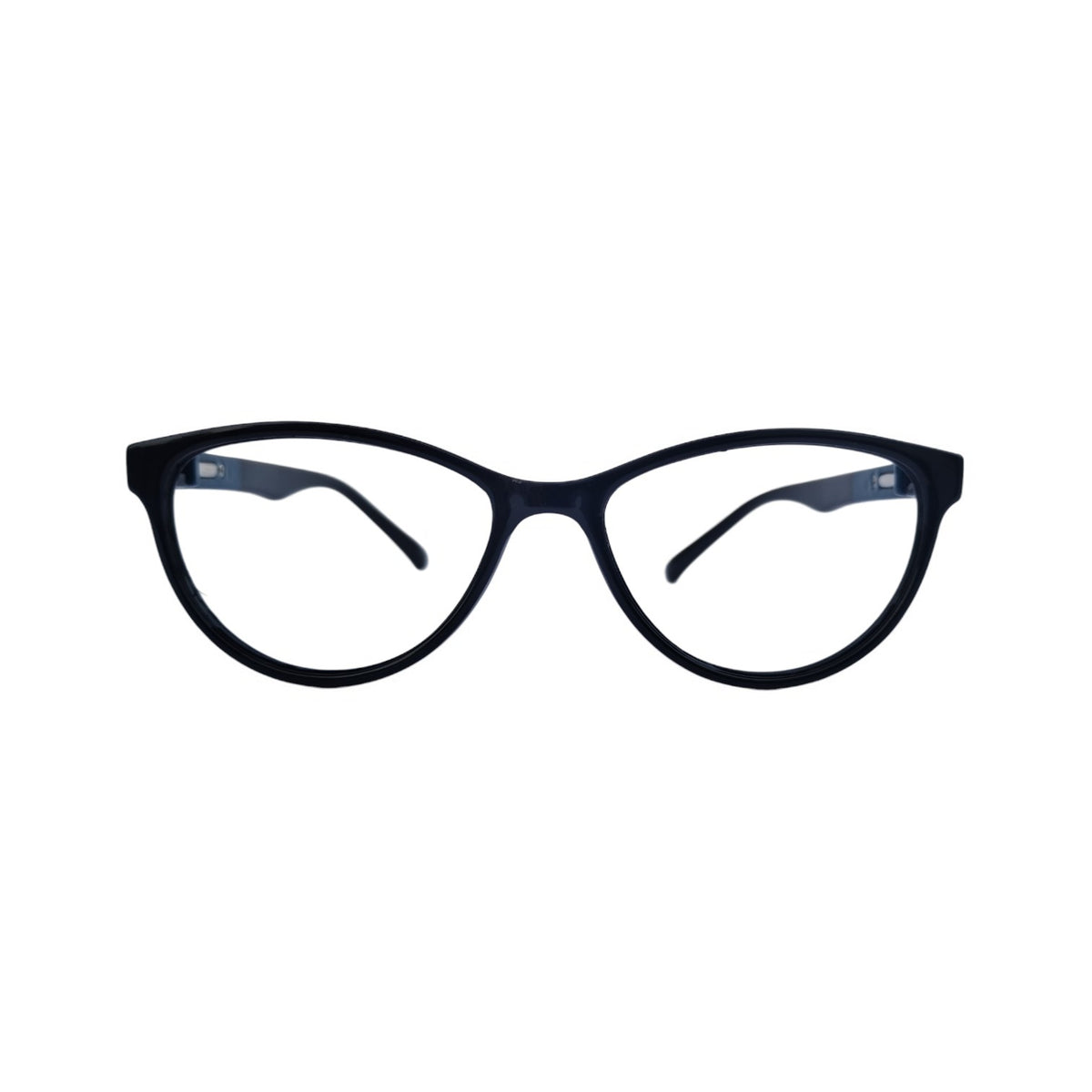 T20 Opticals EYRUS 3332 cat-eye glasses with a glossy black plastic frame and dark blue temples.