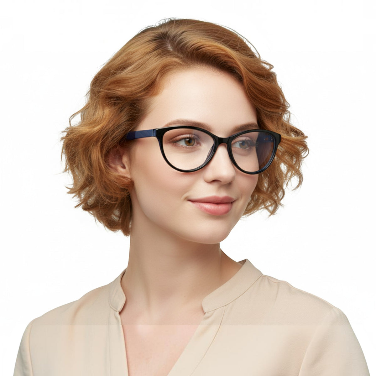 T20 Opticals EYRUS 3332 cat-eye glasses with glossy black frames and dark blue temples worn by a woman