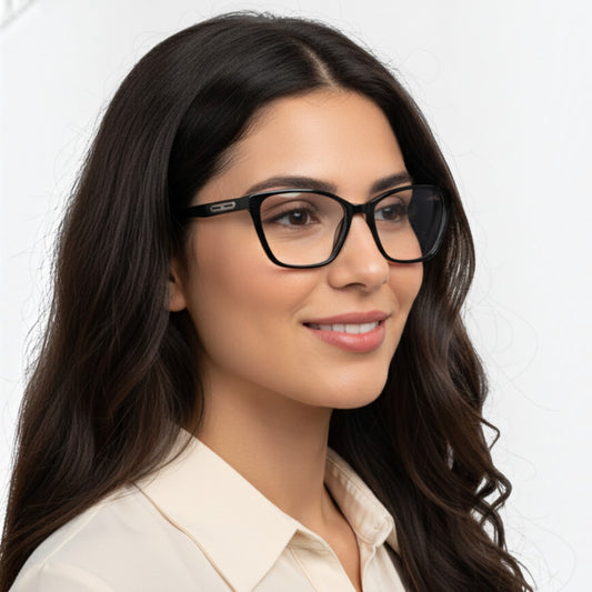 Woman wearing T20 Opticals EYRUS 3333 black squared cat-eye plastic glasses with a sophisticated full-rim design.