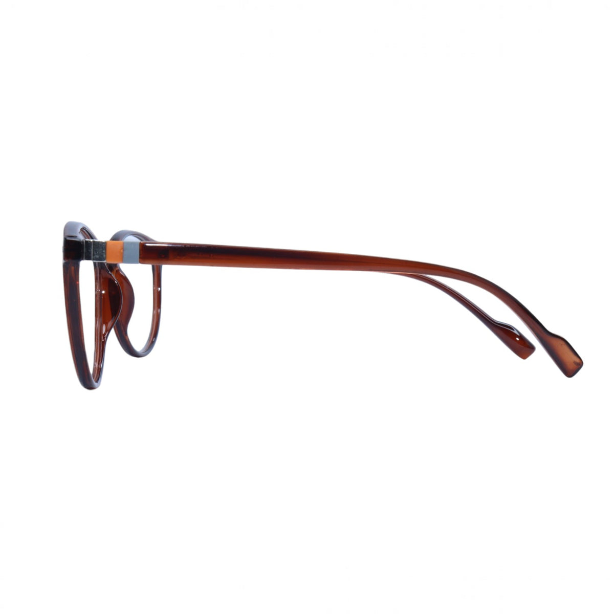 T20 Opticals EYRUS 6667 round panto full-rim glasses in transparent brown acetate, side profile view.