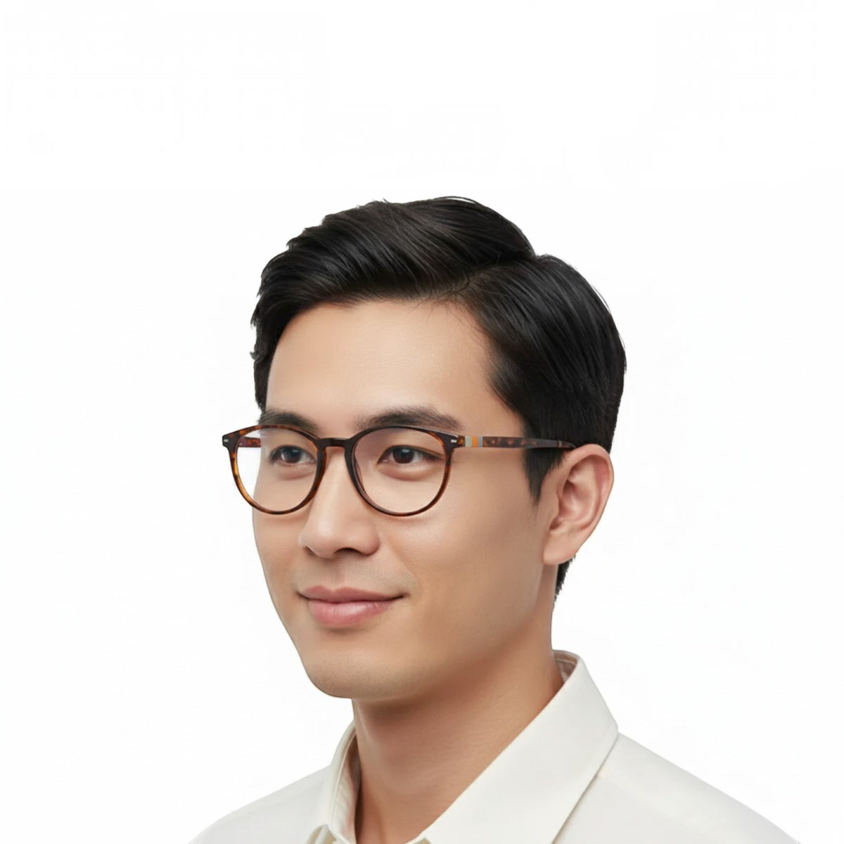 A man wearing T20 Opticals EYRUS 6667 round panto full-rim glasses in transparent brown acetate for everyday wear.