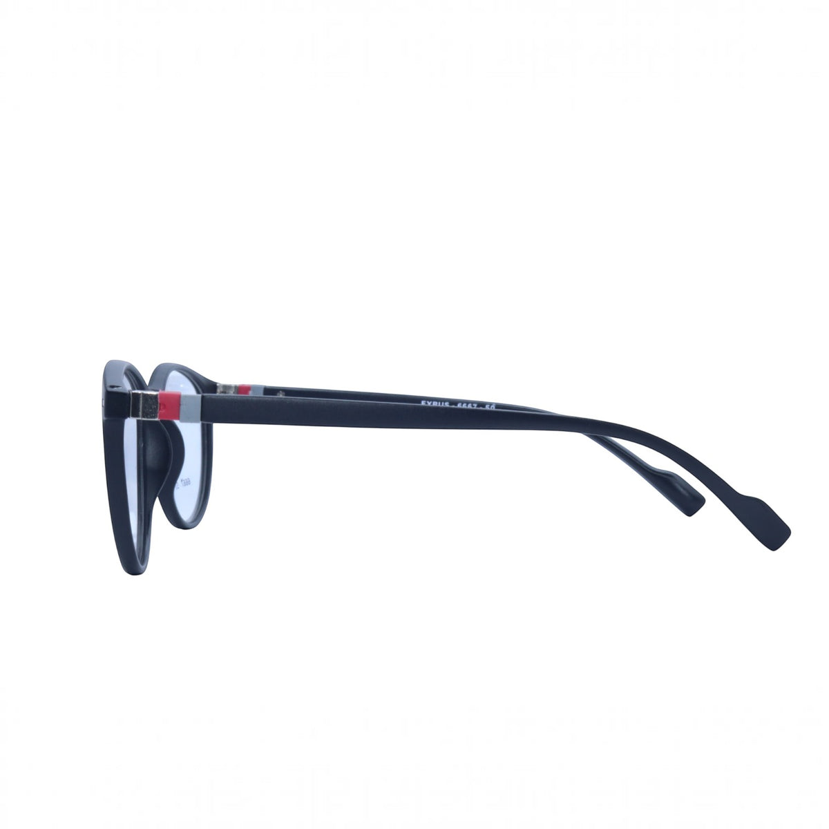 T20 Opticals EYRUS 6667 unisex round panto full-rim glasses in matte black with red accent on the temple hinge