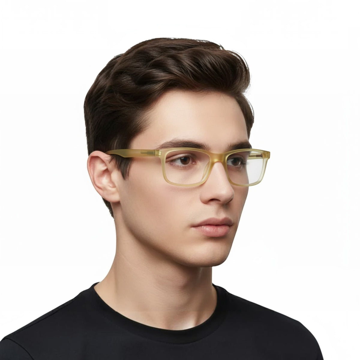 T20 Opticals EYRUS 17007 men's rectangle plastic glasses with a translucent yellow frame on a male model