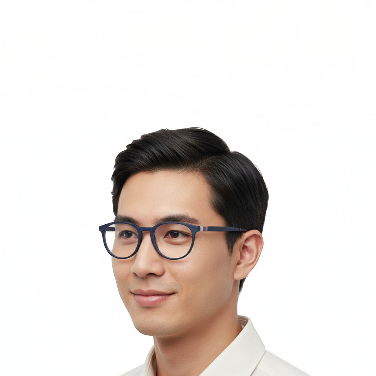 T20 Opticals EYRUS 6667 unisex round panto full-rim glasses in matte navy blue worn by a man in a white shirt