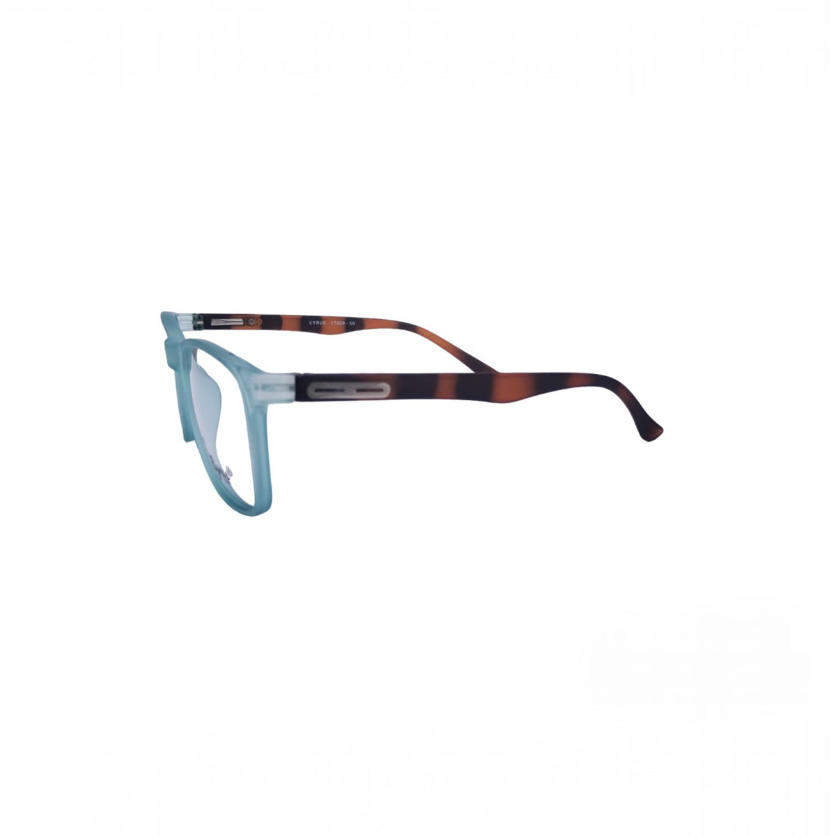 T20 Opticals EYRUS 17009 women's wayfarer glasses with a transparent aqua front and demi amber patterned temples.