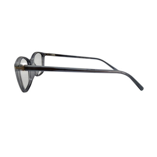 T20 Opticals Growth 23607 cat eye eyeglasses in a translucent grey plastic frame, side profile view.