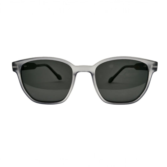 T20 Opticals Growth M-1901 wayfarer sunglasses with a translucent grey plastic frame and dark tinted lenses.