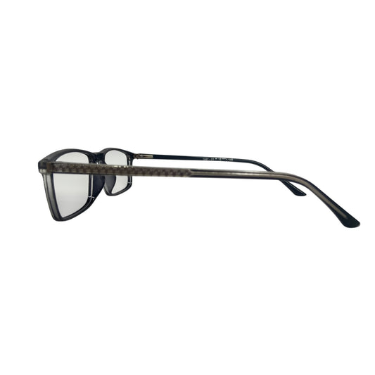 T20 Opticals Growth 1007 rectangular acetate eyeglasses in a sleek dark grey finish, side profile view.