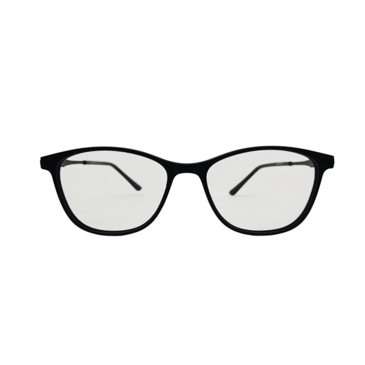 T20 Opticals Growth 1402 black cat-eye eyeglasses with a full-frame plastic design and stainless steel temples.