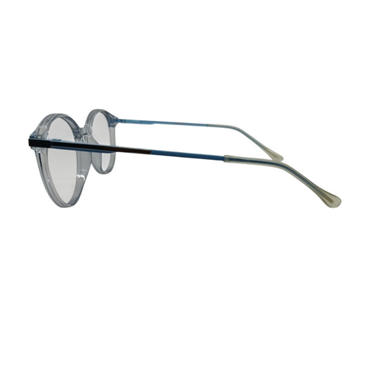 T20 Opticals Growth 1408 round eyeglasses with clear plastic frames and blue stainless steel temples, side view.
