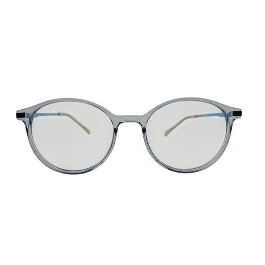 T20 Opticals Growth 1408 round eyeglasses with a translucent grey plastic frame and stainless steel temples.