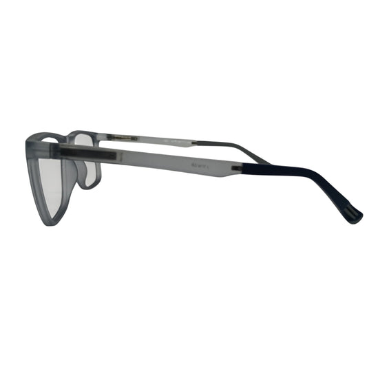 T20 Opticals Growth 1501 square eyeglasses with a translucent grey plastic frame and dark temple tips, side view.