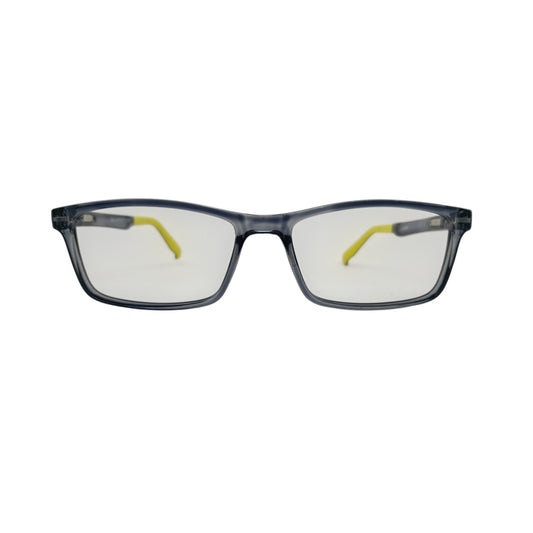 T20 Opticals Growth 1502 rectangular eyeglasses with a translucent grey frame and bright yellow temple tips