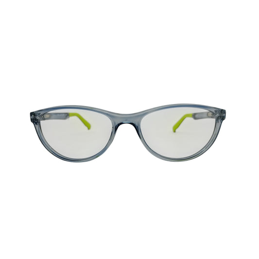 T20 Opticals Growth 1503 cat eye eyeglasses featuring a translucent grey plastic frame with vibrant lime green temples.
