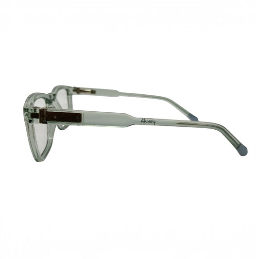 T20 Opticals Growth 1853 square eyeglasses in a translucent light green plastic frame, side profile view.