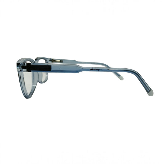 T20 Opticals Growth 1855 square eyeglasses with a translucent blue plastic frame in a side profile view.