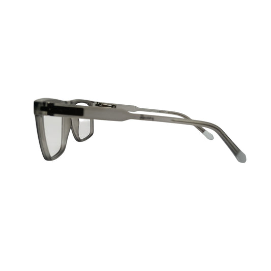 T20 Opticals Growth 1858 square eyeglasses in a translucent grey plastic frame, side profile view.