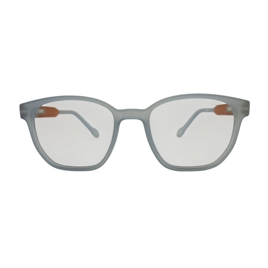 T20 Opticals Growth 1901 wayfarer eyeglasses featuring a matte grey full-frame design with orange temple accents.