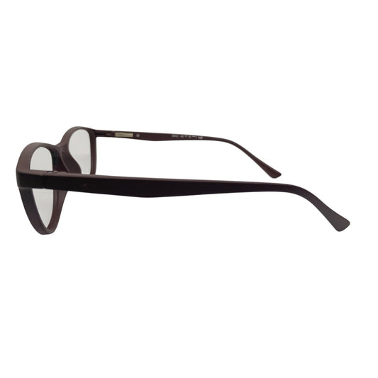 T20 Opticals Growth 2002 cat eye eyeglasses in a dark frame with plastic temples, side view