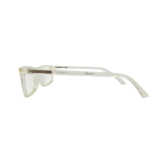 T20 Opticals Growth 2020 rectangle eyeglasses in clear plastic with a side profile view for a modern aesthetic.