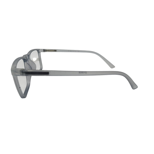 T20 Opticals Growth 2025 square eyeglasses in a translucent grey plastic frame, side view.