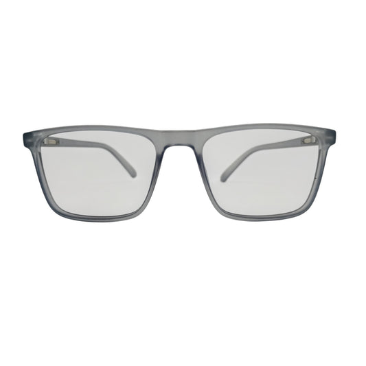 T20 Opticals Growth 2025 square eyeglasses with a modern translucent grey full-frame plastic design for men.