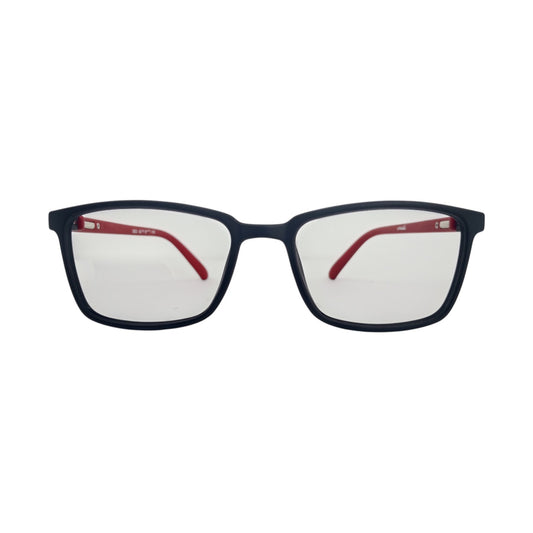 T20 Opticals Growth 2030 rectangle eyeglasses featuring a black full-frame front and contrasting red plastic temples.