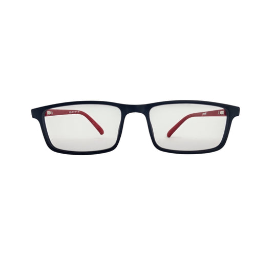 T20 Opticals Growth 2035 rectangle eyeglasses with a dark navy frame and contrasting red temple tips
