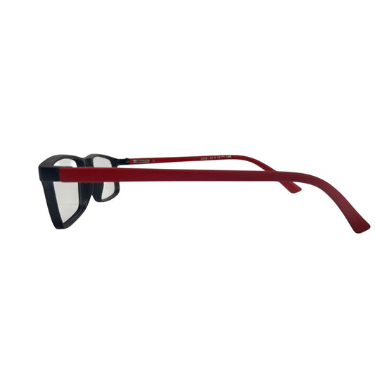 T20 Opticals Growth 2035 rectangle eyeglasses with black frames and red temples in a side profile view