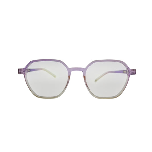 T20 Opticals Growth 2039 angular eyeglasses for girls featuring a purple and clear gradient plastic full-frame design.