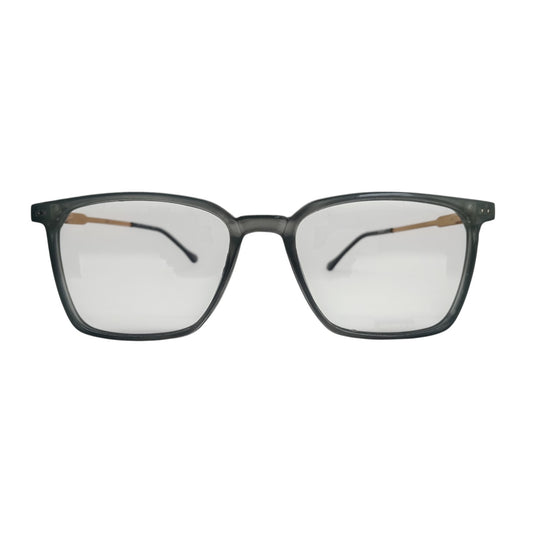 T20 Opticals Growth 3012 square eyeglasses featuring a grey plastic frame and slim stainless steel temples.