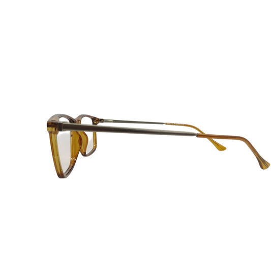 T20 Opticals Growth 3015 rectangular eyeglasses with brown plastic frames and slim stainless steel temples, side view.