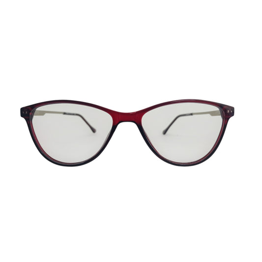 T20 Opticals Growth 3016 round eyeglasses with a dark red plastic frame and slim stainless steel temples.