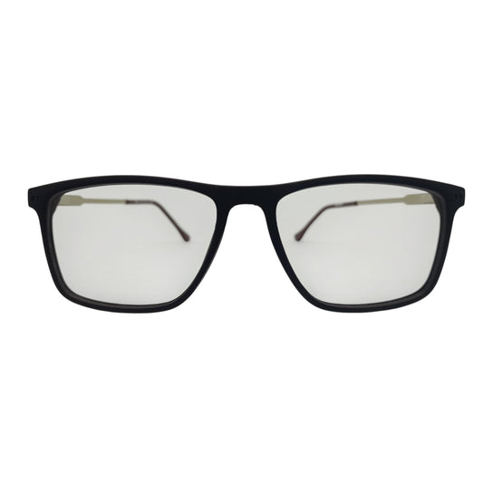 T20 Opticals Growth 3017 black rectangle eyeglasses with stainless steel temples for a modern professional look.
