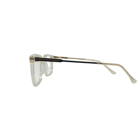 T20 Opticals Growth 3023 square eyeglasses with clear frames and sleek stainless steel temples in a side view