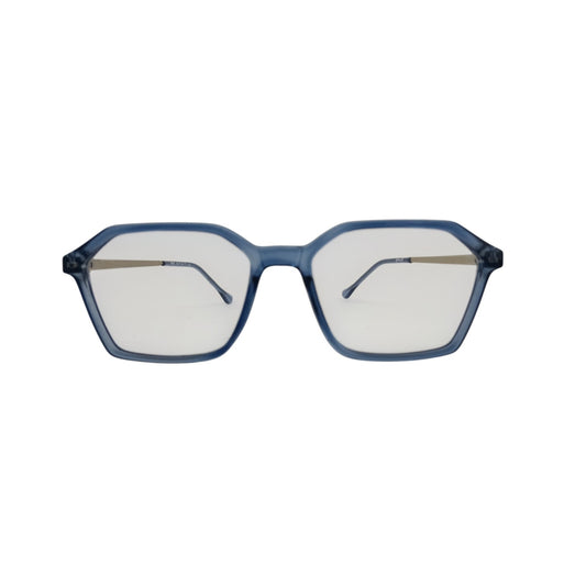 T20 Opticals Growth 3025 angular eyeglasses with a blue plastic frame and slim stainless steel temples.