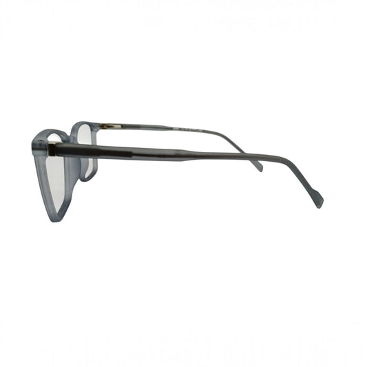 T20 Opticals Growth 5002 square eyeglasses in a translucent grey plastic frame, side view.