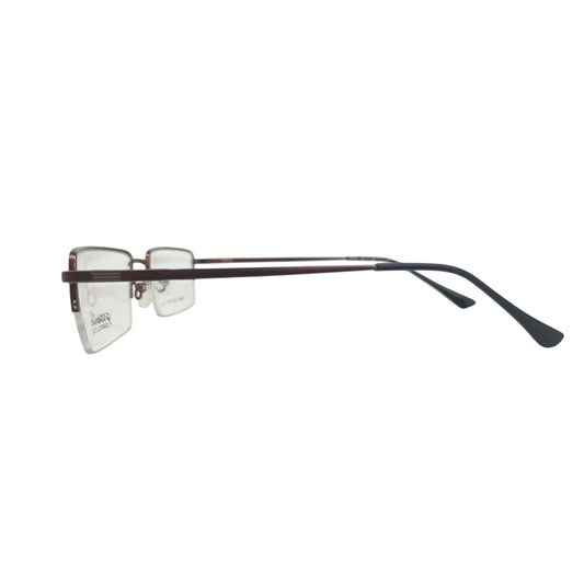 T20 Opticals Growth 9552 rectangular half-frame eyeglasses with slim stainless steel temples in a side profile view