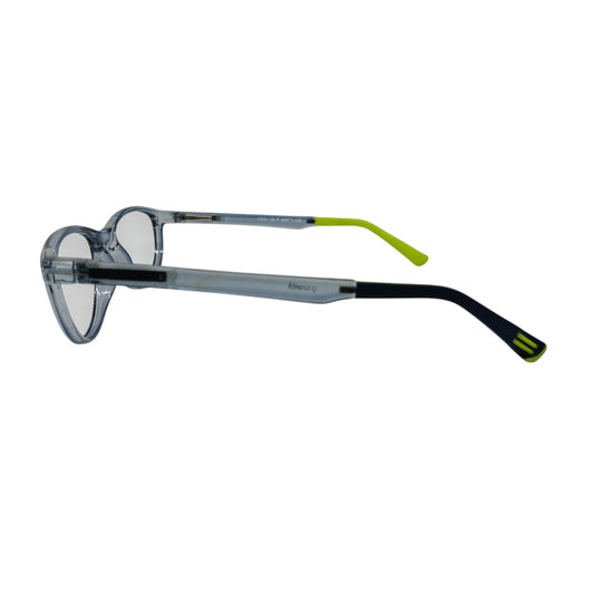 T20 Opticals Growth 1503 cat eye glasses with a transparent frame and contrasting lime green and black temple tips.